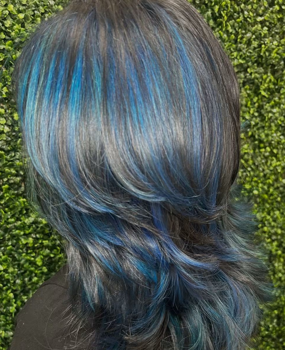 Layered cut with blue highlights